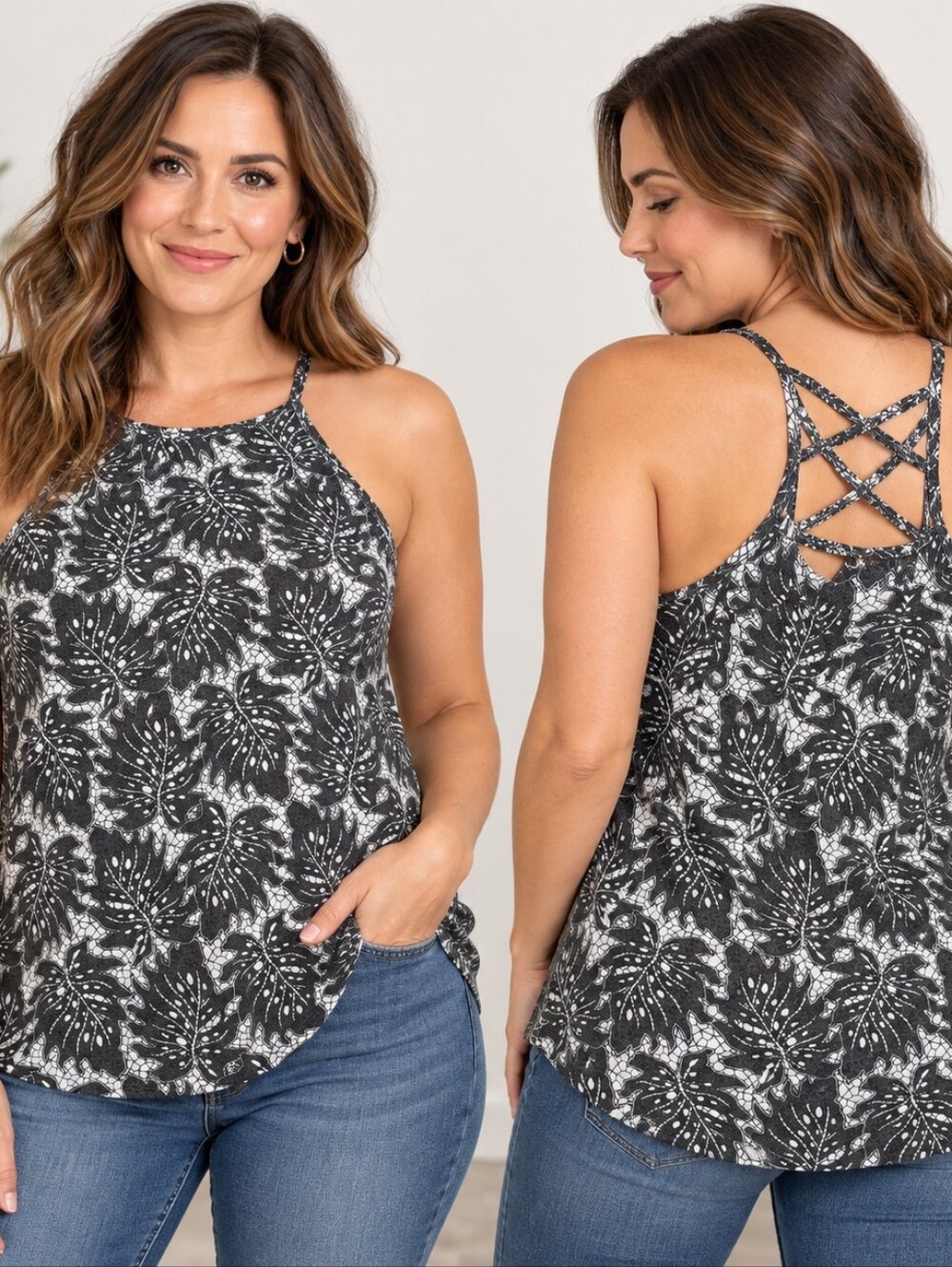 Maurices Black & White Tropical Leaf Strappy Back Tank Top Size L Coastal Casual